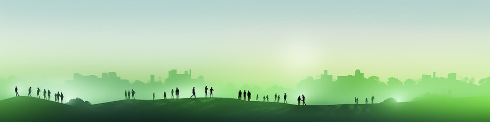 green planet, long narrow panoramic view row of abstract silhouettes of people against a green eco landscape, eco-friendly