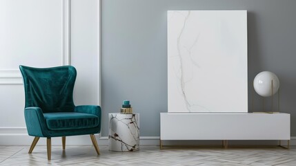 Contemporary living area, minimalist decor, large canvas, teal chair, marble pedestal, stylish setup