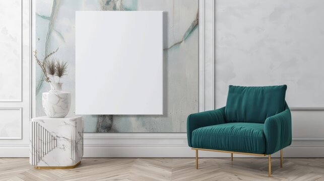 Contemporary living room, minimalist style, blank canvas, teal chair, marble pedestal, elegant vase