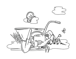Coloring book for children with garden tools, watering can, shovel, cart and spring nature. Black and white vector image