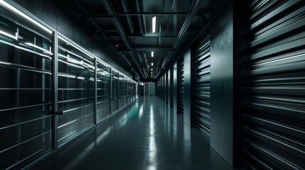 Fototapeta premium Futuristic storage room, minimal lighting, dark atmosphere, industrial design, sleek and clean