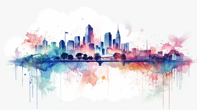 multicolored spectrum silhouette of the city, watercolor illustration on a white background, cityline liquid paint, isolated print