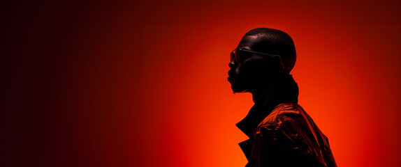 A man in a black jacket stands in a red background. Futuristic silhouette of a guy wearing high-end...