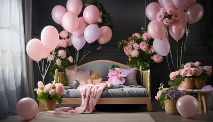 Decoration  of room with flowers and balloon  for new baby grils