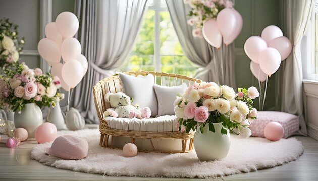 Decoration  of room  with flowers and balloon for new baby grils