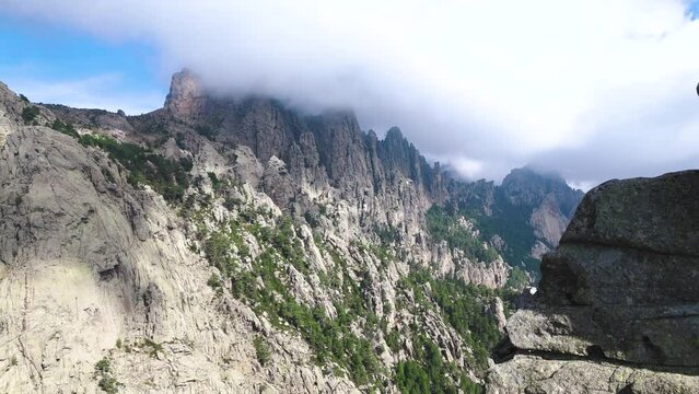 Aerial drone view of Bavella mountain range on Corsica island, France