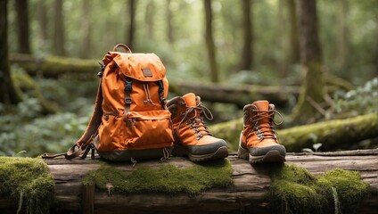 An orange backpack and a pair of brown hiking boots sit on a log in the middle of a lush green forest.

 - Powered by Adobe