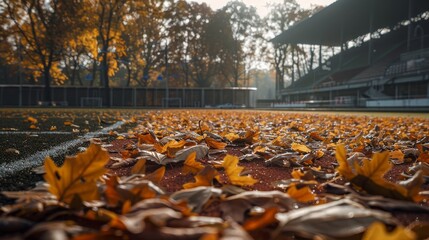 Autumn leaves on a soccer field for sports or fall themed designs