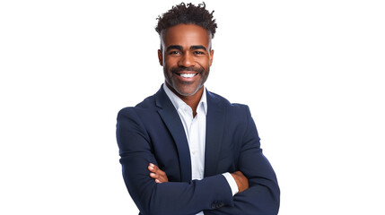Business man portrait isolated on white transparent background, Afro businessman in suit, crossed arms.