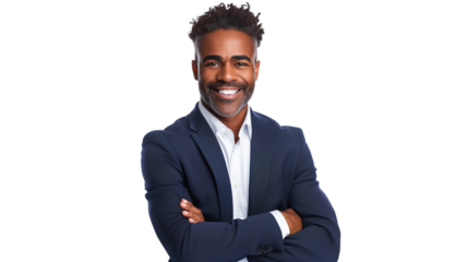 Business man portrait isolated on white transparent background, Afro businessman in suit, crossed arms.