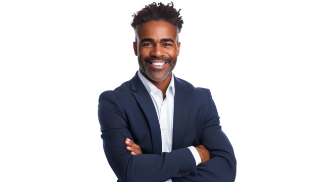 Business man portrait isolated on white transparent background, Afro businessman in suit, crossed arms.