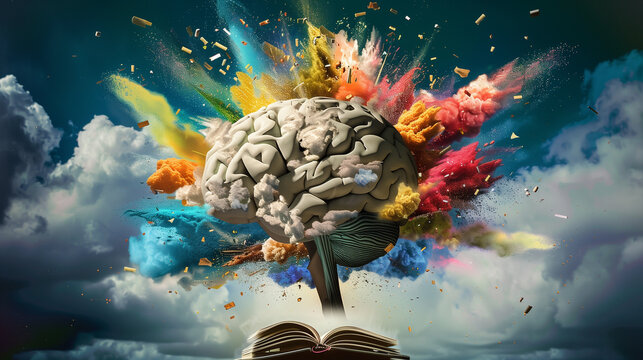 Concept art of a human brain exploding with knowledge and creativity.