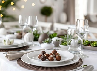 Modern table setting with plates, glasses and napkins for easter dinner in a white dining room
