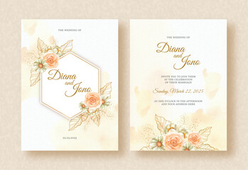 bloom rose and daisy watercolor ornament with frame on wedding invitation background
