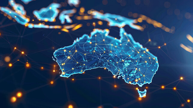 Abstract network grid with data transfer lines and nodeson australian maps