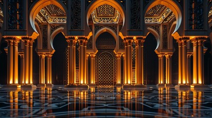 luxurious, intricate Arabic patterns arranged in a symmetrical formation. Pillars glittering with gold patterns against a dark night background