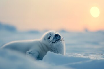Naklejka premium Cute baby seal in the snow, Arctic environment, in the winter morning light.