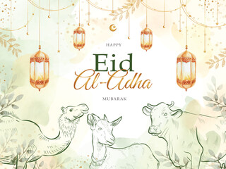 eid al adha splash color greeting card with qurban animals