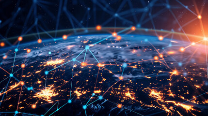 Abstract network grid with data transfer lines and nodes on globe