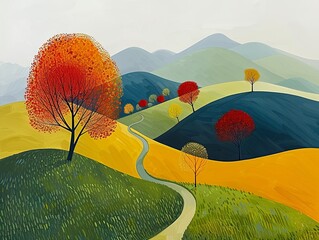 A bright and colorful illustration of rolling hills featuring vibrant trees and a winding path, depicting a cheerful and scenic countryside.
