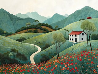 Illustration of a charming house with a red roof, nestled among rolling hills and vibrant flowers in a picturesque landscape.