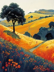 A vibrant landscape of rolling hills adorned with a lone tree and blooming wildflowers, capturing the beauty of a sunny, scenic countryside.