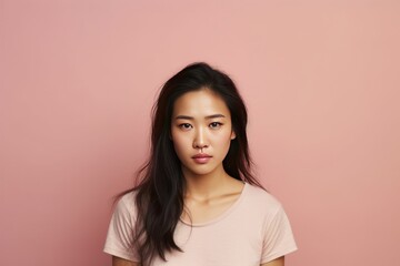 Peach background sad Asian Woman Portrait of young beautiful bad mood expression Woman Isolated on Background depression anxiety fear burn out 