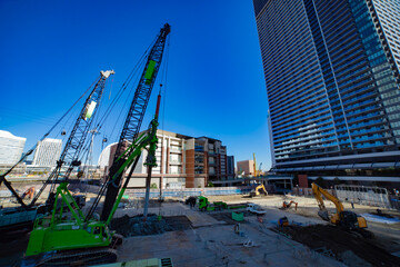 Cranes at the under construction in Yokohama wide shot