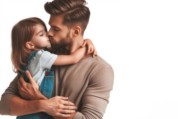 Naklejka premium father and child hugging and kissing on a white background