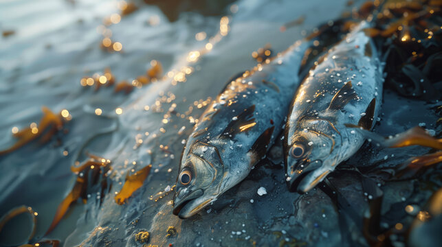 A close-up of a fish dying from oil pollution lies on the coast. The concept of irreparable harm to the marine ecosystem