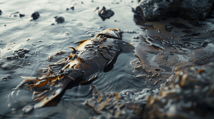 A dead fish swims in an oil reservoir. The scene is eerie and disturbing, as the lifeless body of a fish floats in the water surrounded by debris