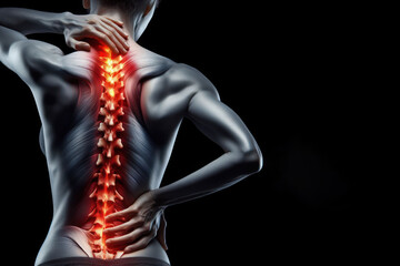 Pinched nerve in lower back and neck with spine pain Isolated on black background