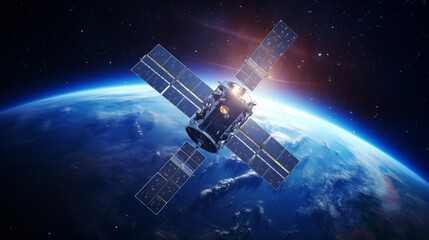 
A telecom communication satellite orbiting around the Earth, beaming futuristic holographic data for online and internet connections.