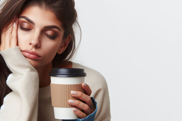 Woman feeling exhausted half asleep while drinking a hot coffee Isolated on white background copy space