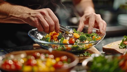 Chef preparing a nutritious quinoa salad with fresh vegetables and feta cheese in a glass bowl, gourmet kitchen scene