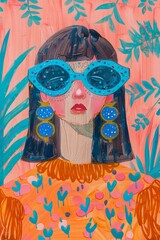 portrait illustration of a cool girl, fashion dressed withbig earrings and green leaves motifs around, big colorful sunglasses, 