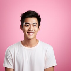 Pink Background Happy asian man realistic person portrait of young teenage beautiful Smiling boy good mood Isolated on Background ethnic diversity equality acceptance concept with copyspace