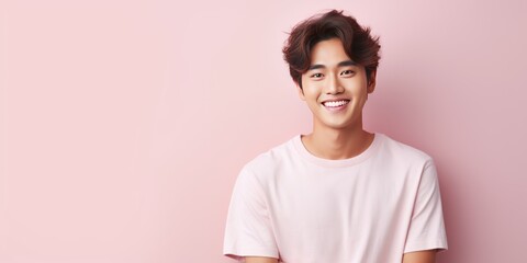 Pink Background Happy asian man realistic person portrait of young teenage beautiful Smiling boy good mood Isolated on Background ethnic diversity equality acceptance concept with copyspace