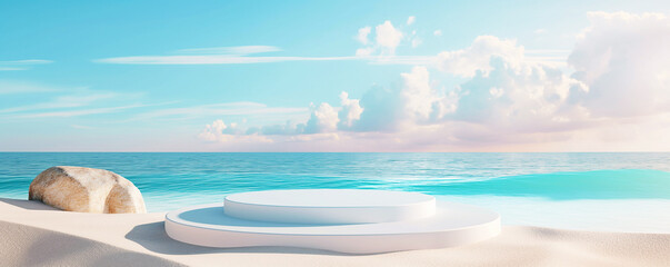 White Podium with Summer sea sand sun minimal display white sand, vacation banner design, sandy beach background