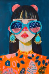 portrait illustration of a cool girl, fashion dressed withbig earrings and green leaves motifs around, big colorful sunglasses, 
