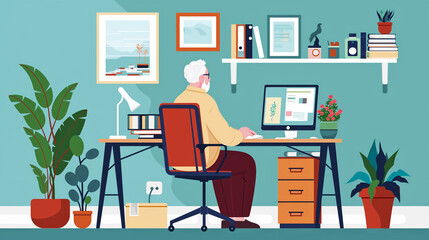 Elderly gray-haired senior man working at home man using computer sit work place at home office