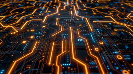 A close up of a circuit board with orange and blue lines. Concept of complexity and sophistication, as well as a futuristic or technological vibe