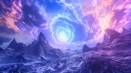 Mysterious dimensions other planets fantasy sky and cloud  mystic background purple twirl cloud and rock mountain landscape