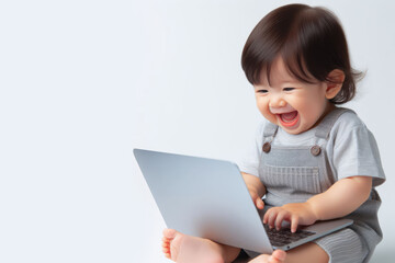 baby use laptop and laughing very much isolated on white background