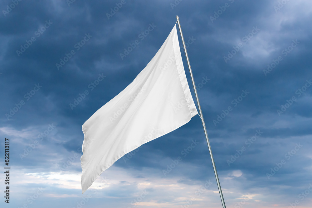 Poster a white flag waves in the wind with dark clouds in the background, perfect for state or advertising 