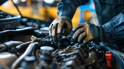 Mechanic Working on Car Engine in Auto Repair Shop. Mechanic's hands in gloves working on a car engine in an auto repair shop. the detailed and skilled work involved in vehicle maintenance and repair.