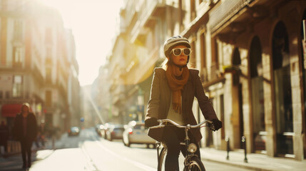 Woman Biking in City at Sunrise. A woman wearing sunglasses and a helmet rides a bicycle through a sunlit city street in the early morning.