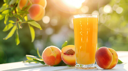 Glass of tasty peach juice and fresh fruit on white ta