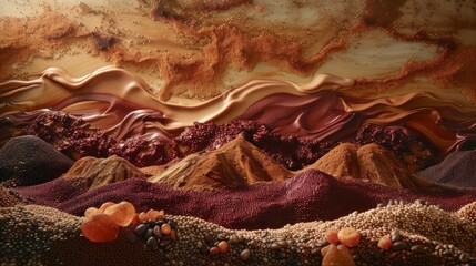 A creative landscape crafted from a variety of spices and dried fruits, mimicking mountains with a flowing river of sauces.