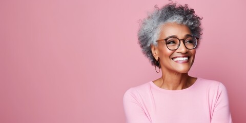 Pink Background Happy black american independant powerful Woman realistic person portrait of older mid aged person beautiful Smiling girl Isolated on Background ethnic diversity 